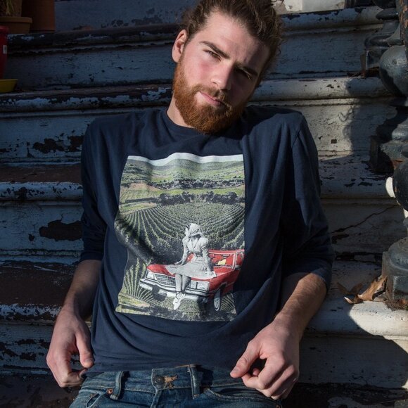 Graphic Tee Art Collage Scenic Nature Navy Longsleeve Handmade Unisex Large - Picture 2 of 10